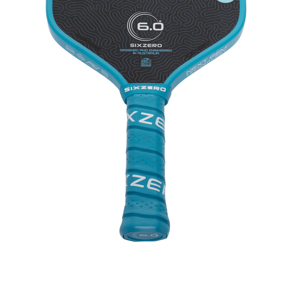 Six Zero Coral Hybrid Blue Pickleball Paddle - handle and throat detail