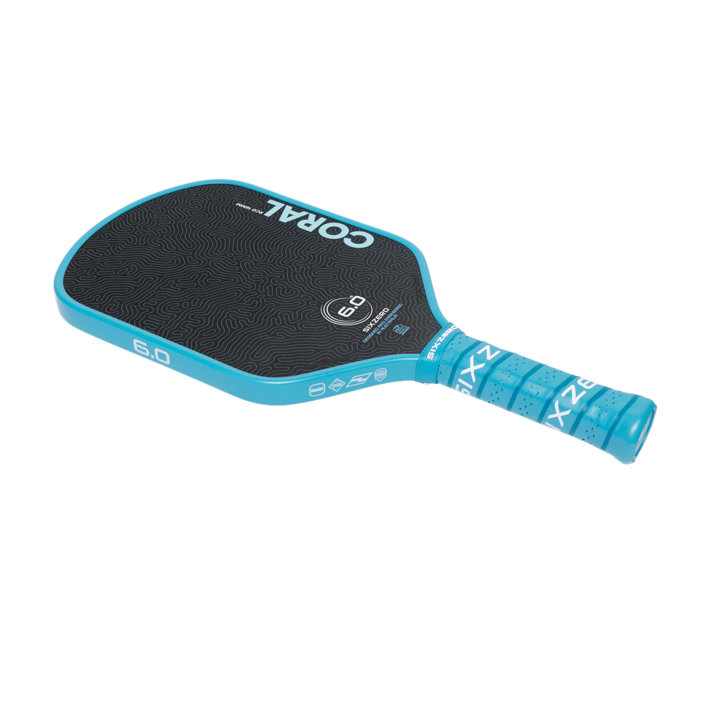Six Zero Coral Hybrid Blue Pickleball Paddle - edge/profile view
