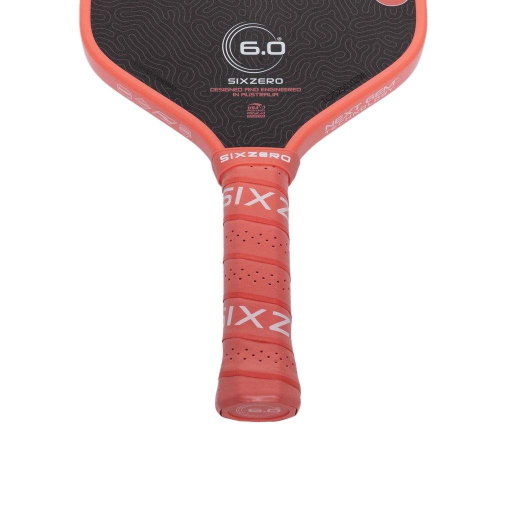 Six Zero Coral Hybrid Pink/Black Pickleball Paddle - handle and throat detail