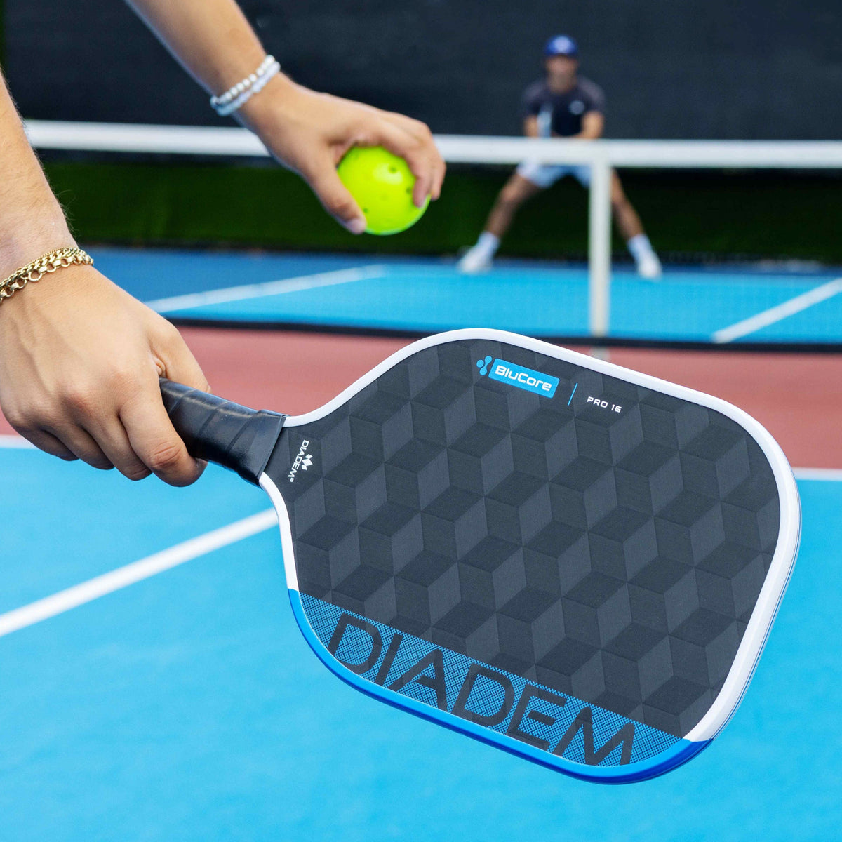 Diadem Edge Blucore Pro pickleball paddle in use