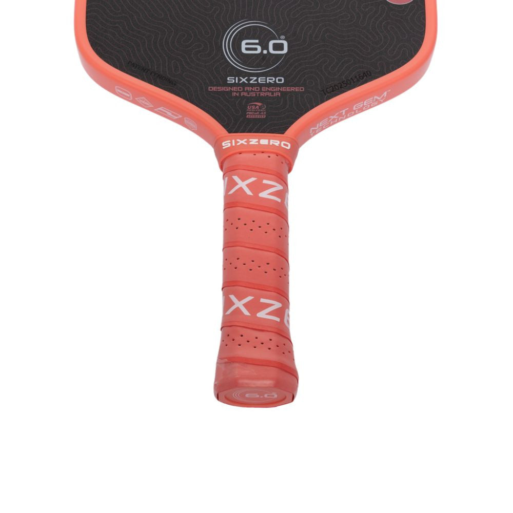 Six Zero Coral Pink/Black Widebody Pickleball Paddle - handle and grip detail