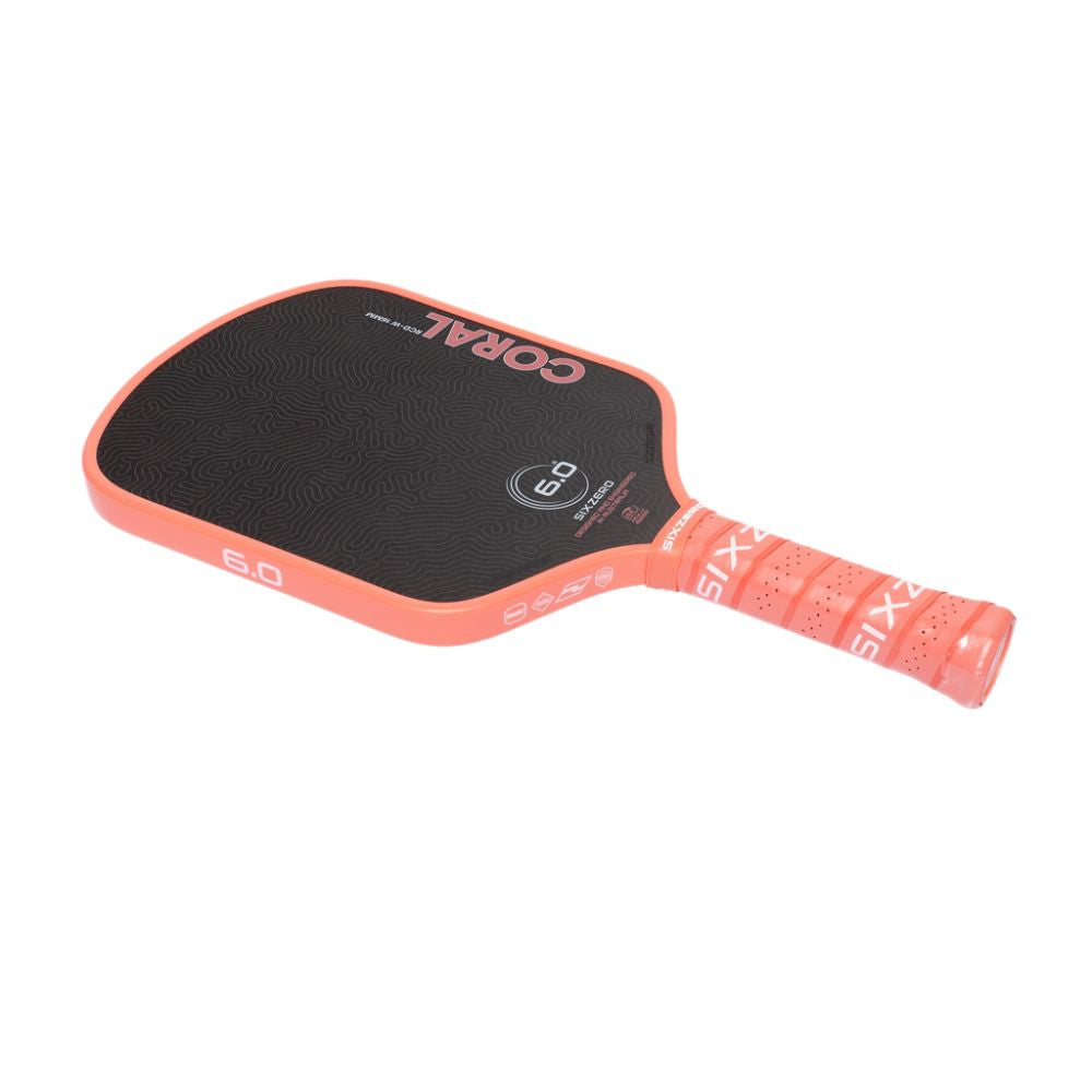 Six Zero Coral Pink/Black Widebody Pickleball Paddle - angled edge/profile view