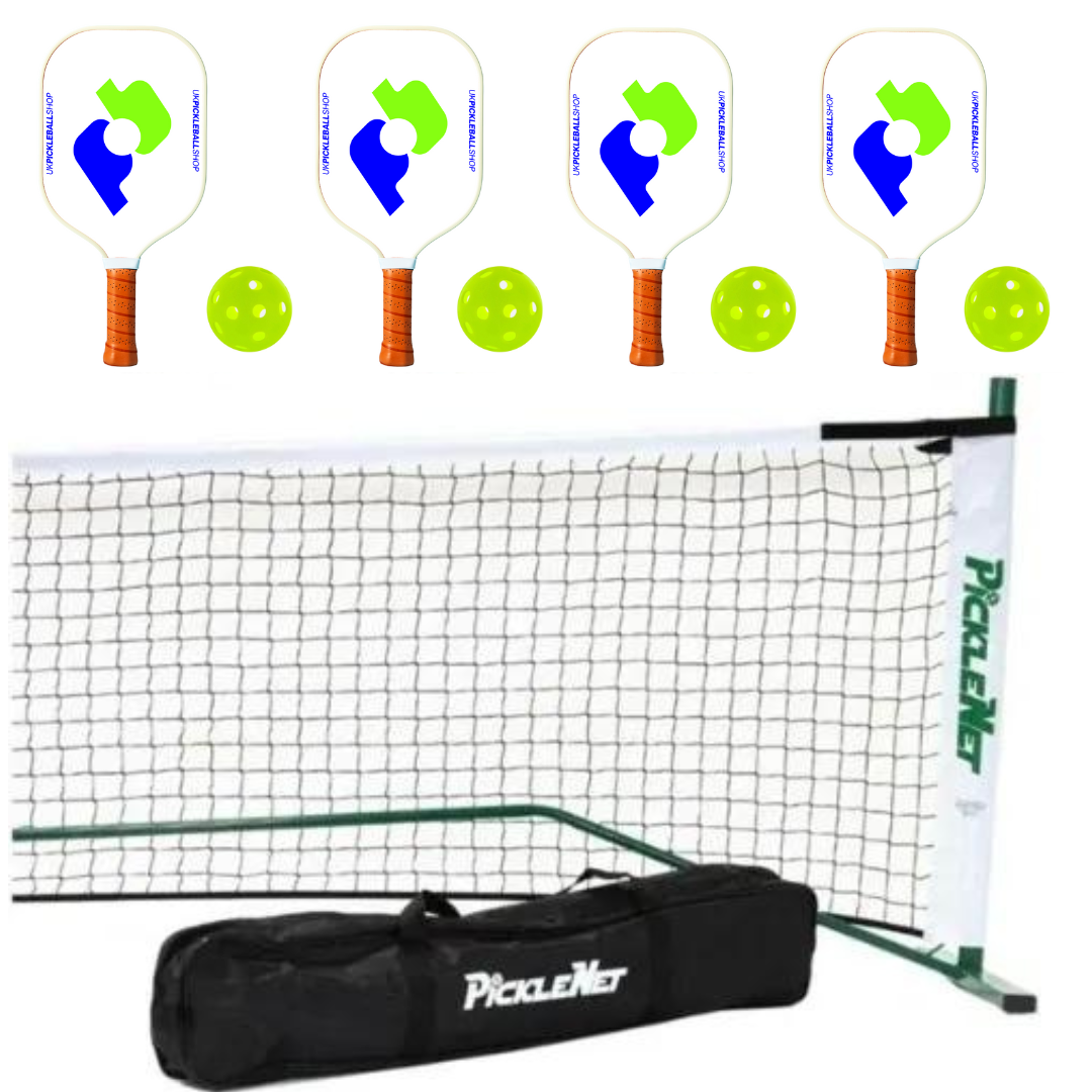 Complete Starter Pack: Oval Picklenet, 4 Club paddles and 4 balls
