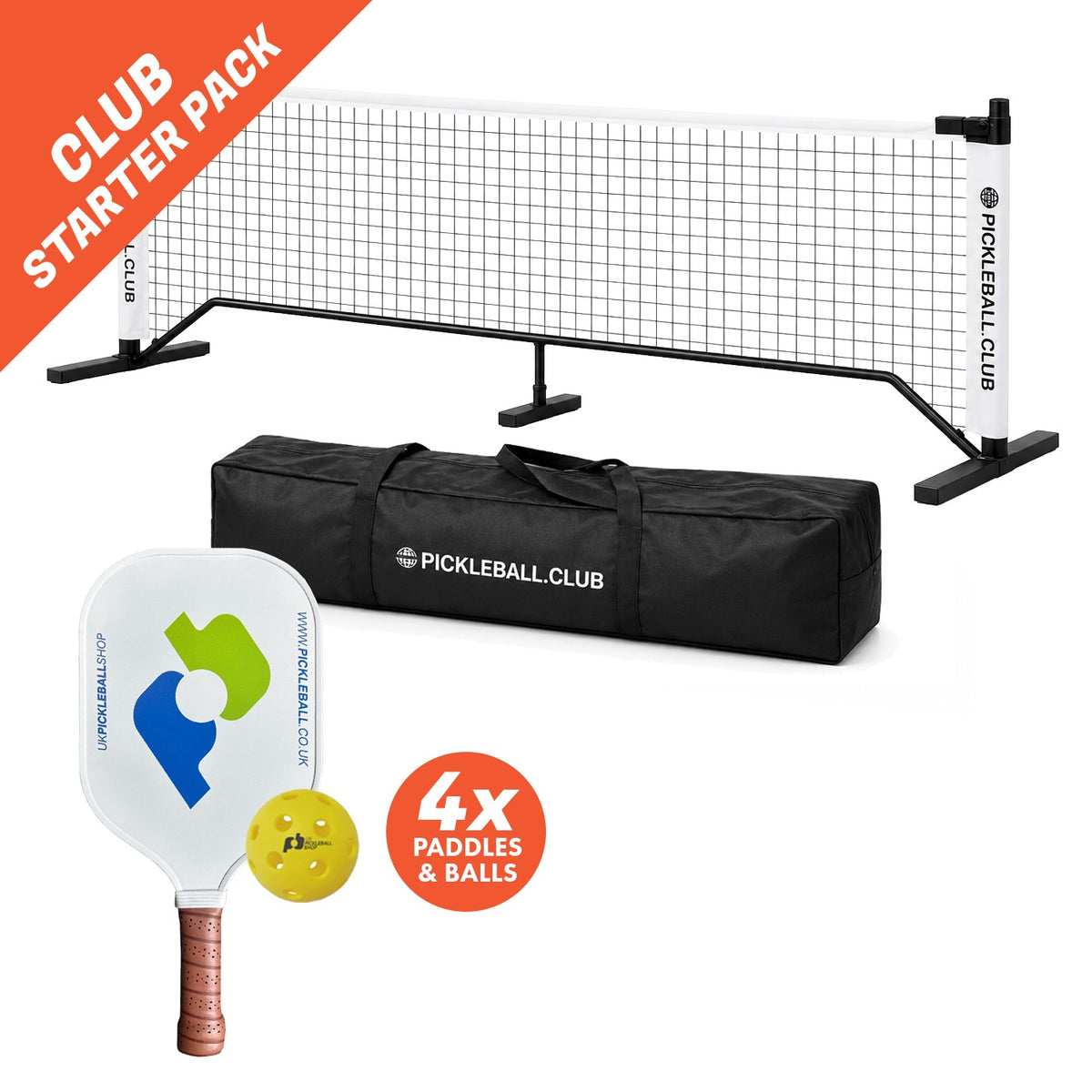 Club Complete Starter Pack: Club net, 4 Club paddles and 4 balls