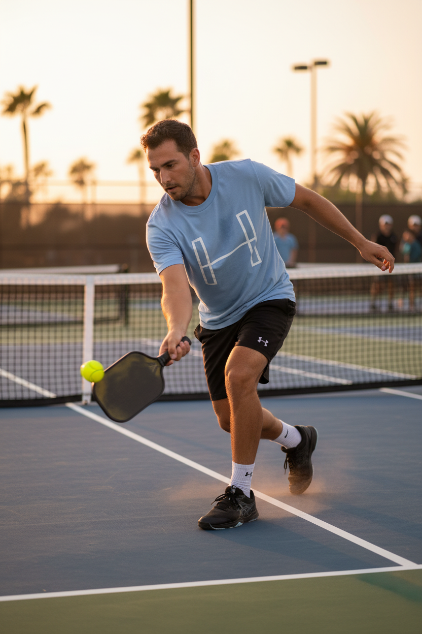 Pickleball player mid-swing