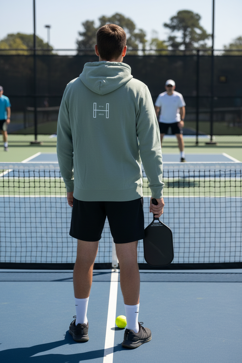 Player wearing hoodie at net